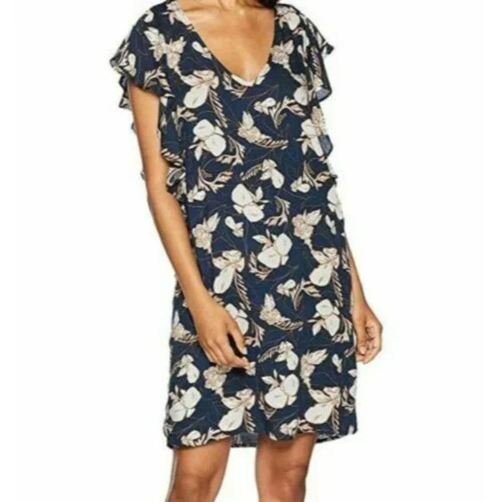 Splendid Floral Print Flutter Sleeve V-Neck Shift Mini Dress in Navy & Cream, XS